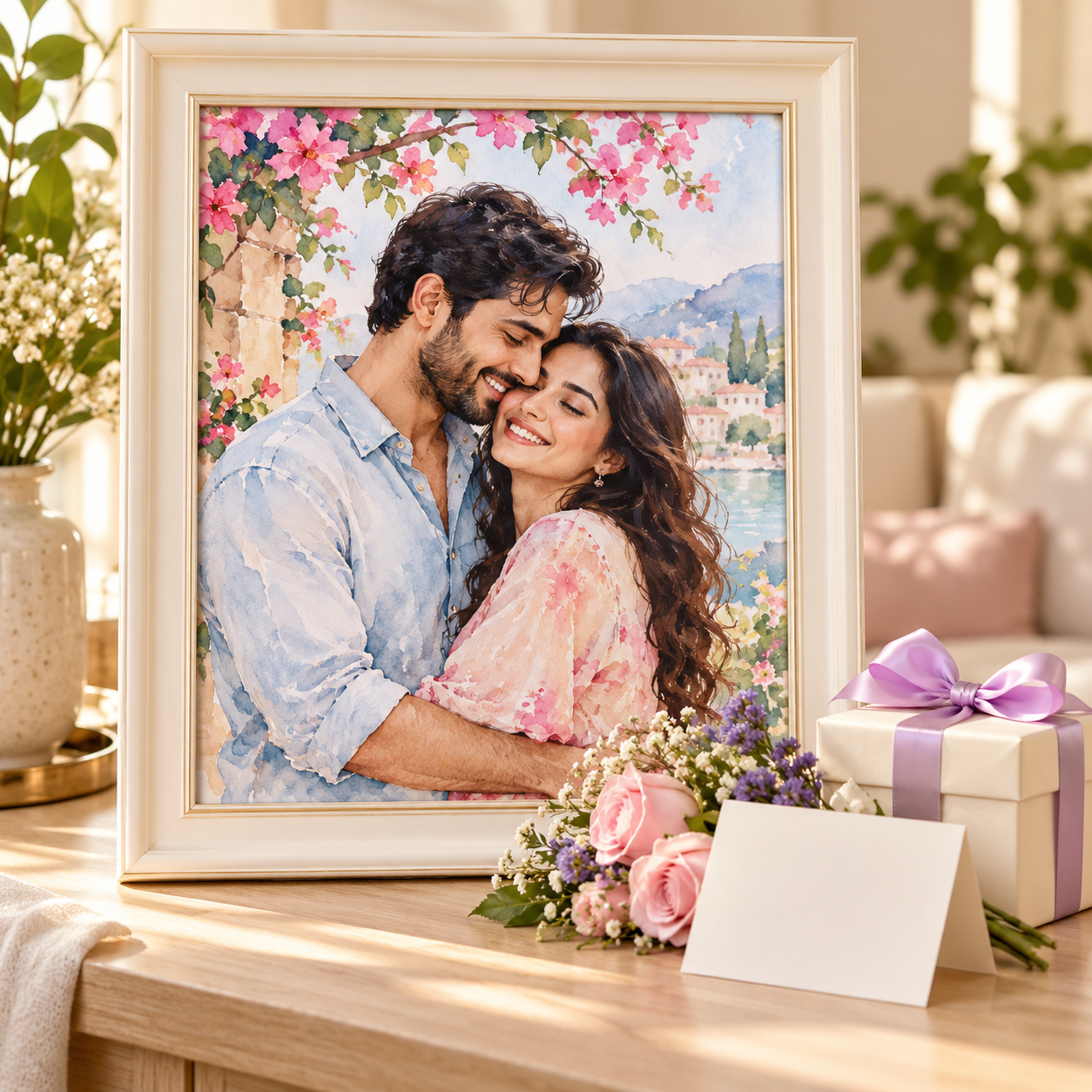 A framed watercolor couple portrait beside a lavender-ribbon gift and flowers
